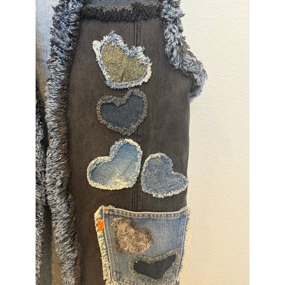 Vintage Denim Distressed Heart Valentine Vest Pockets Black Blue‎ - Picture 4 of 8